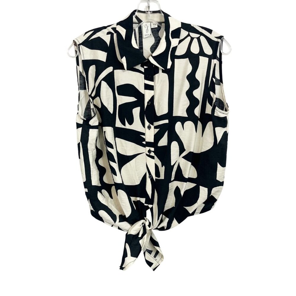 Joie Black & White Mod Print Button Down Tie Front Cropped Top Size Medium